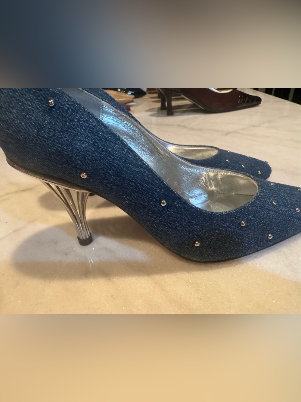 Vintage Timothy Hitsman “Alarming” Blue Denim -NOS- Ornate heel.